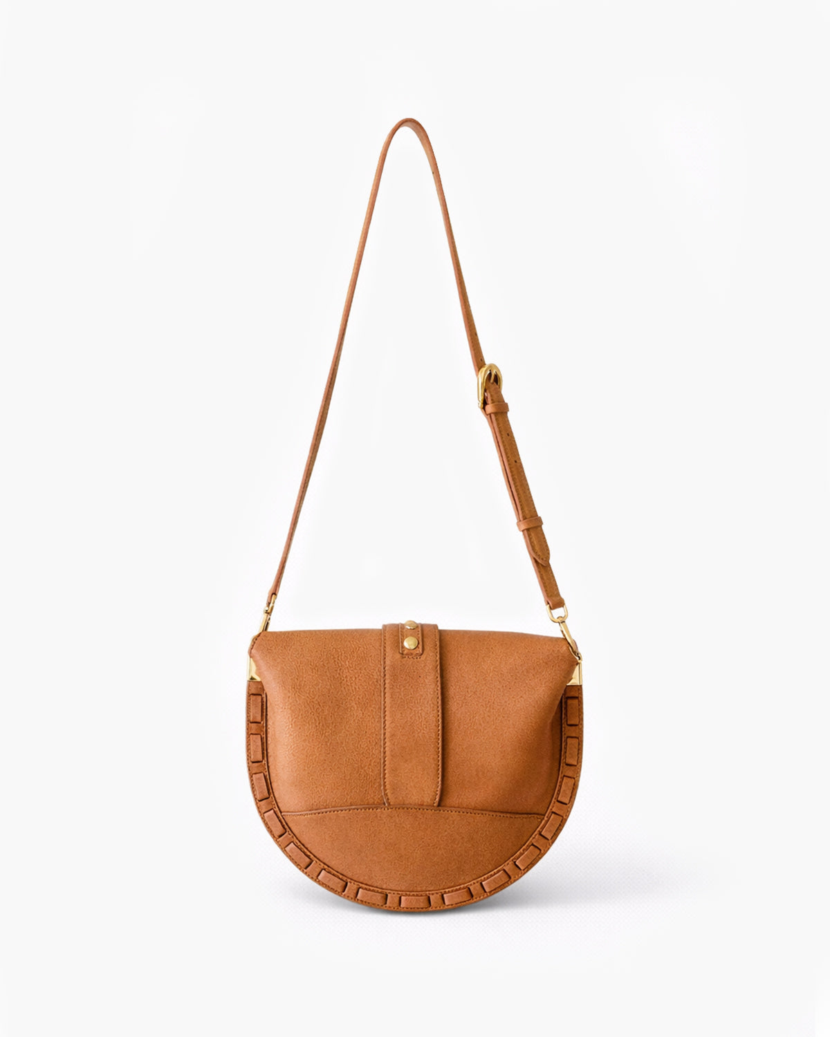 Brown leather handbag with a strap on a white background