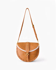Brown leather handbag with white trim on a light gray background