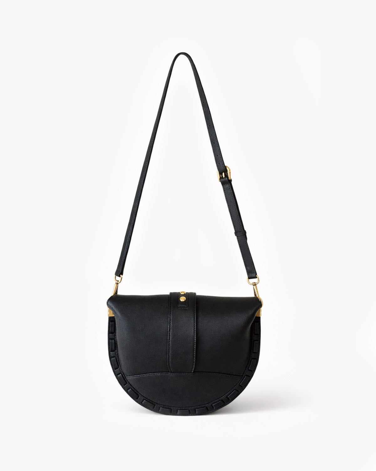 Black shoulder bag with gold accents on a white background