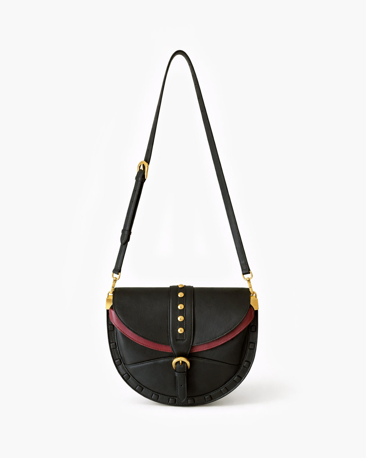 Black handbag with gold accents on a white background