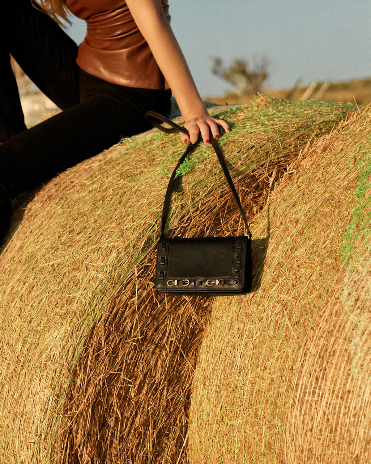 Person holding a black handbag on a hay bale with a blurred background