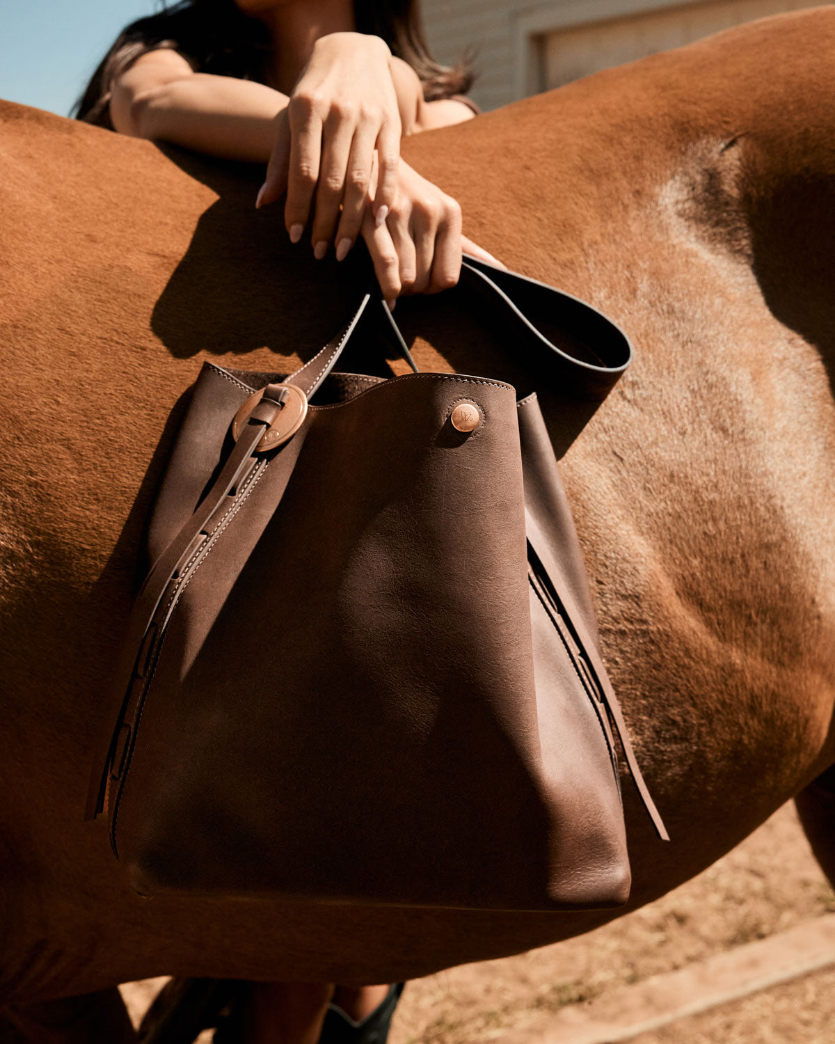 Brown leather bag held by a person with a horse in the background