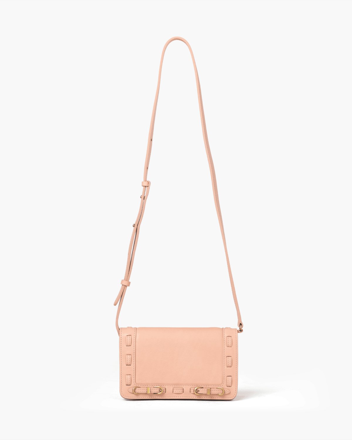 Pink handbag with a strap on a white background