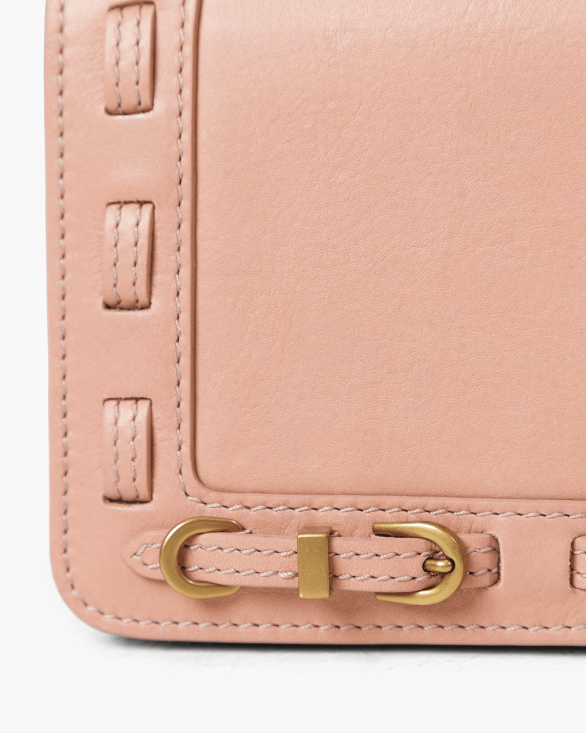 Close-up of a pink leather bag with brass hardware on a white background