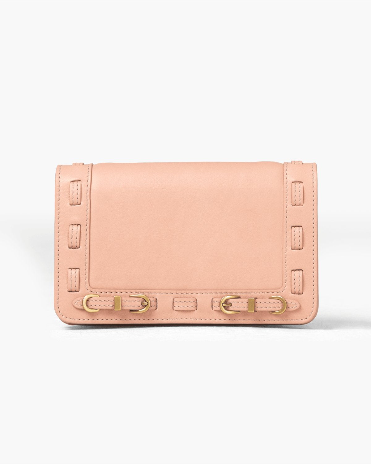 Pink wallet with brass accents on a white background