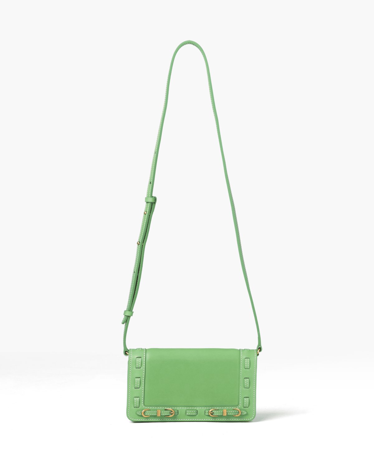 Green handbag with a strap on a white background