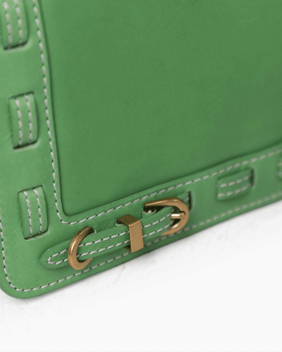 Close-up of a green leather bag with  brass hardware on a white background