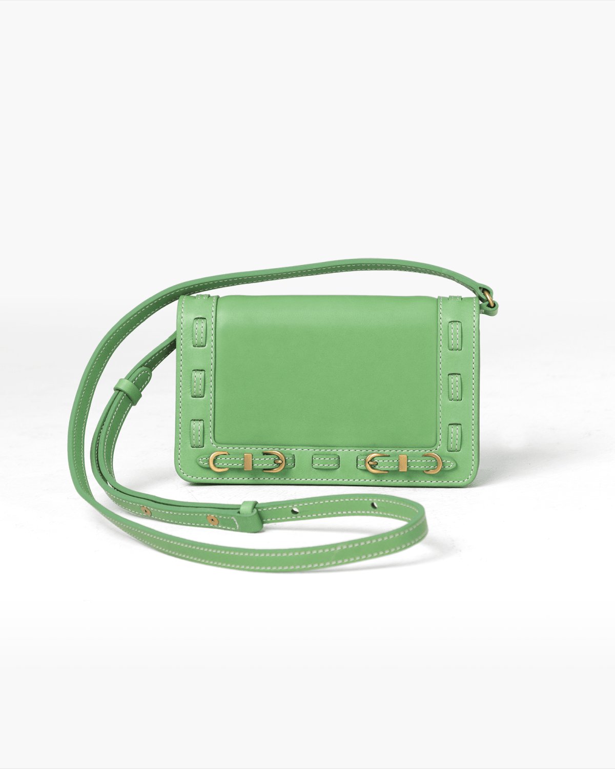 Green handbag with a strap on a white background