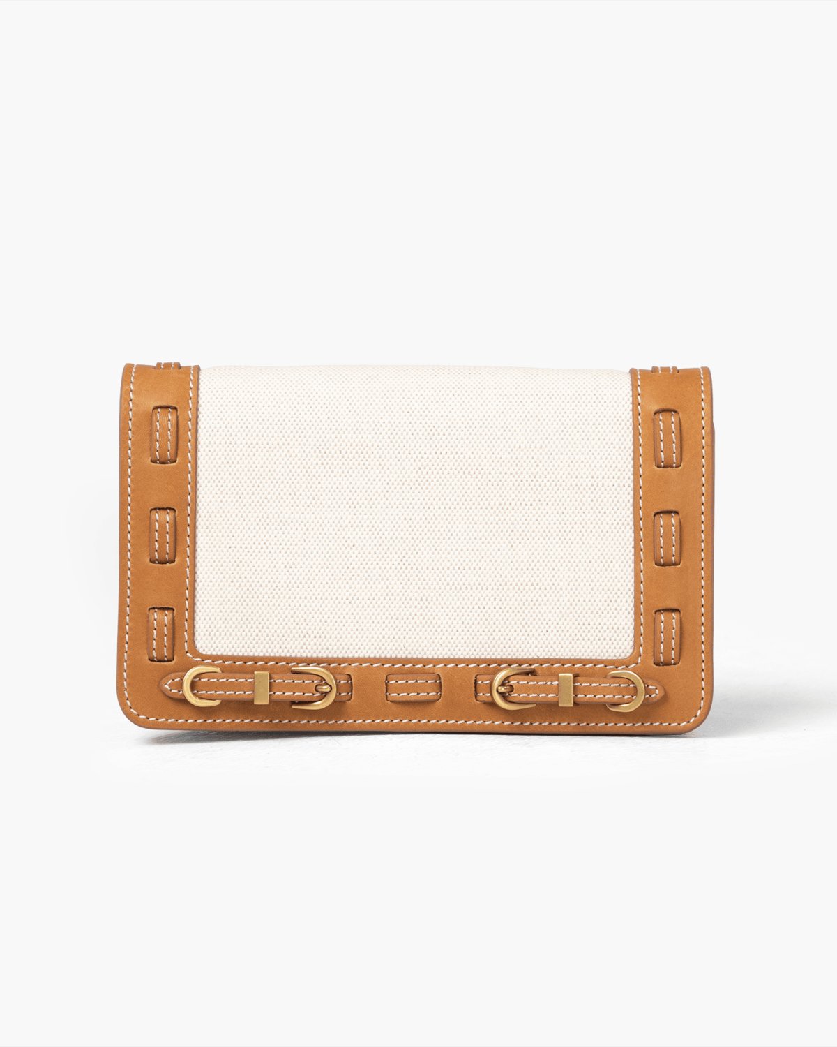 Handbag with light linen panel, brown leather accents on a white background