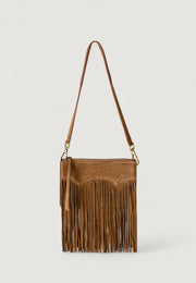 Brown suede handbag with fringe on a light gray background