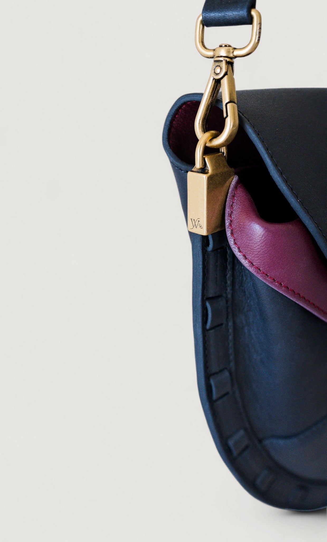 Close-up of a black and burgundy handbag with a brass clasp on a light gray background