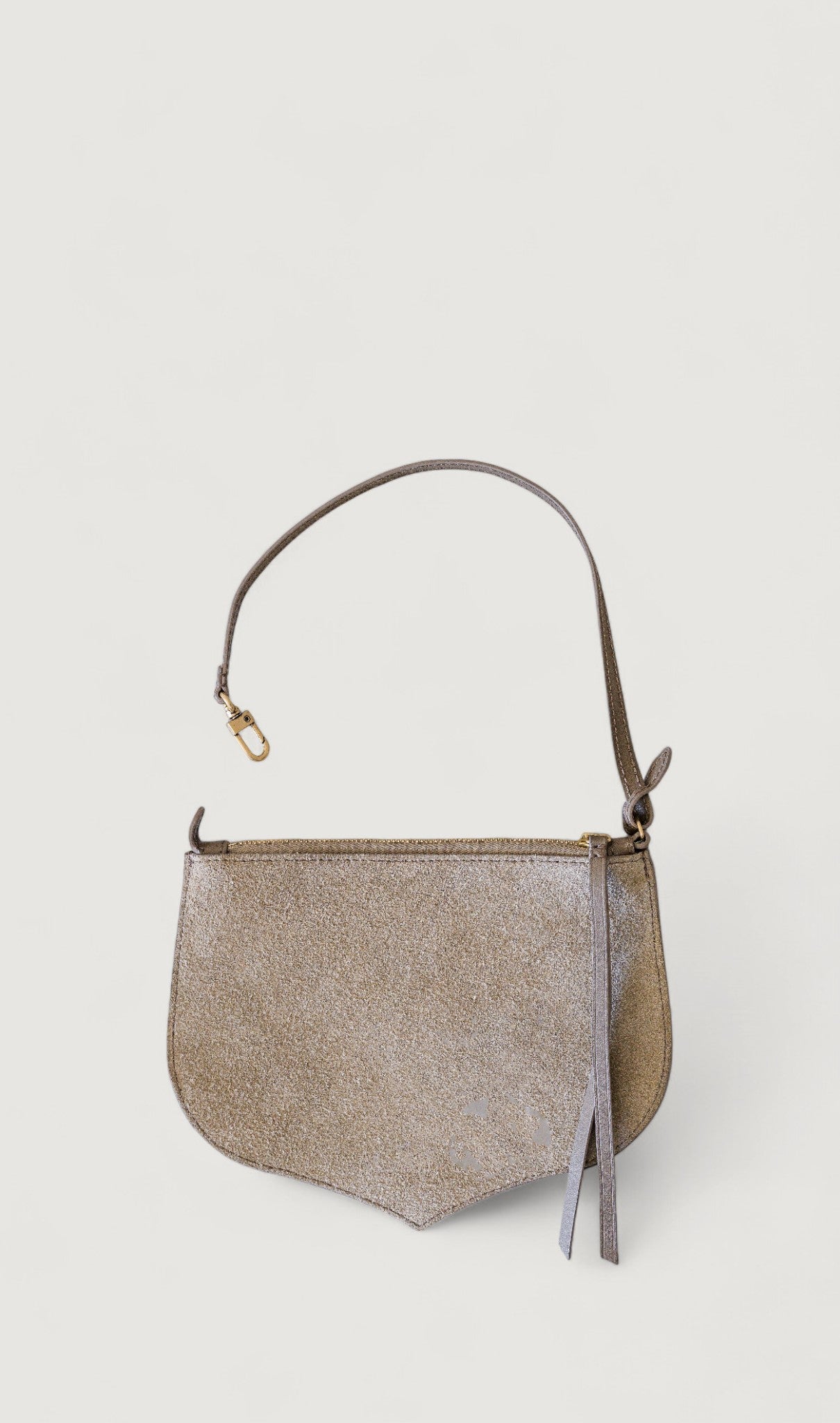 Gray suede handbag on a light gray background