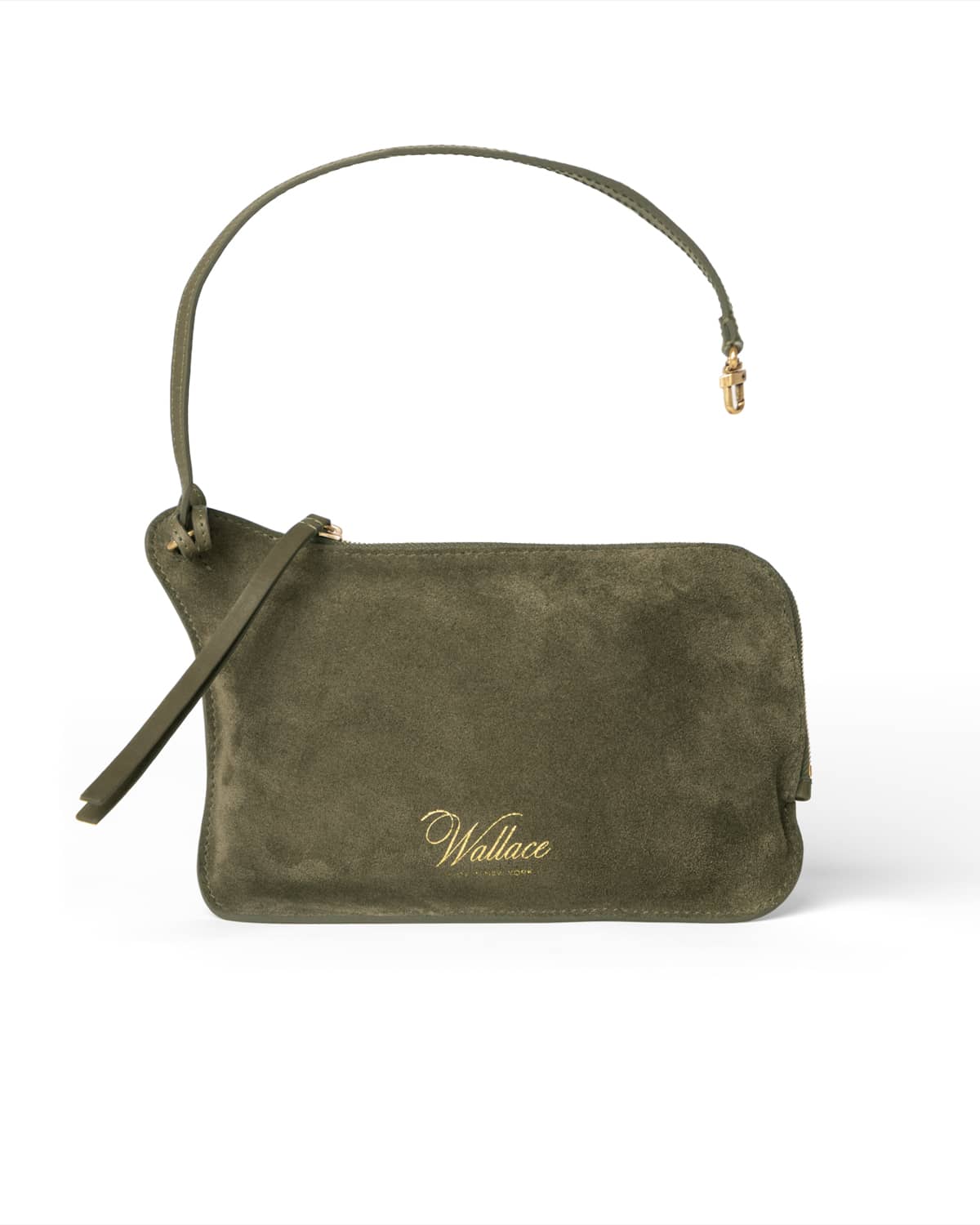 Olive suede handbag with a visible brand logo on a light gray background