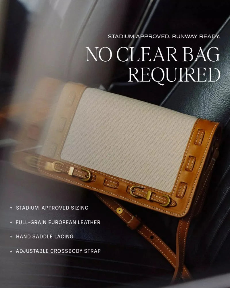 Handbag with light linen panel and brown leather accents