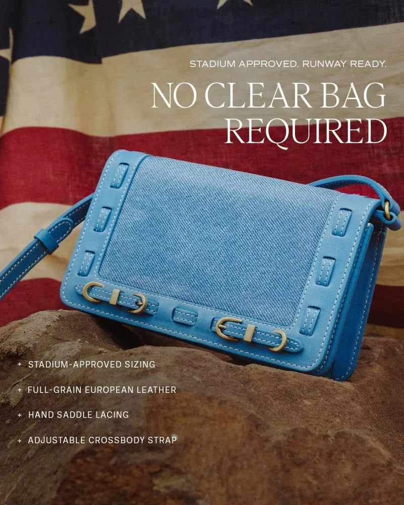 Blue handbag on a textured surface with an American flag in the background and text about product features.