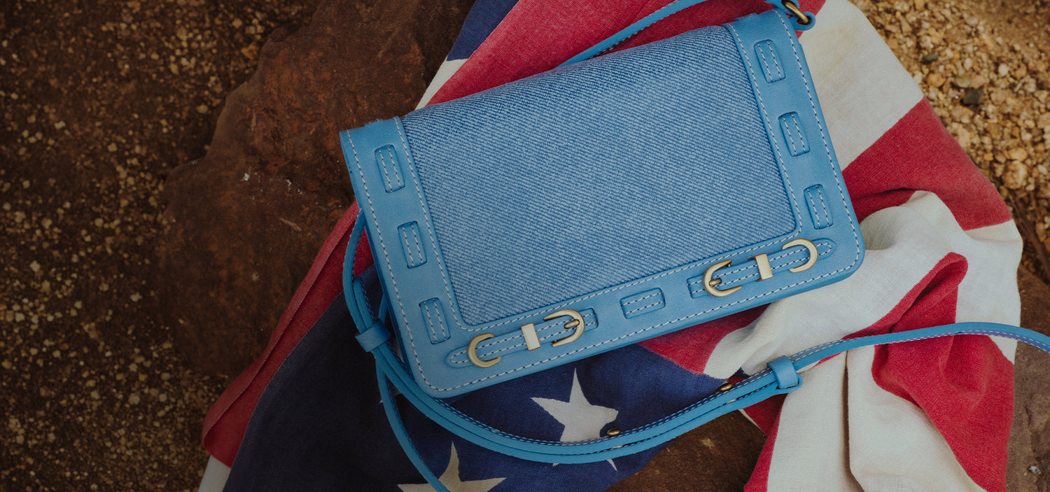 Blue handbag on an American flag
