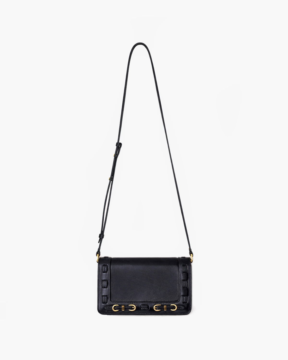 Black handbag with gold accents on a white background