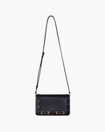 Black handbag with gold accents on a white background