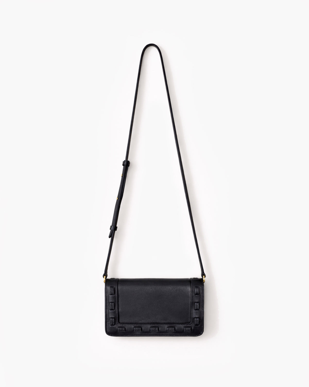 Black handbag with a strap on a white background