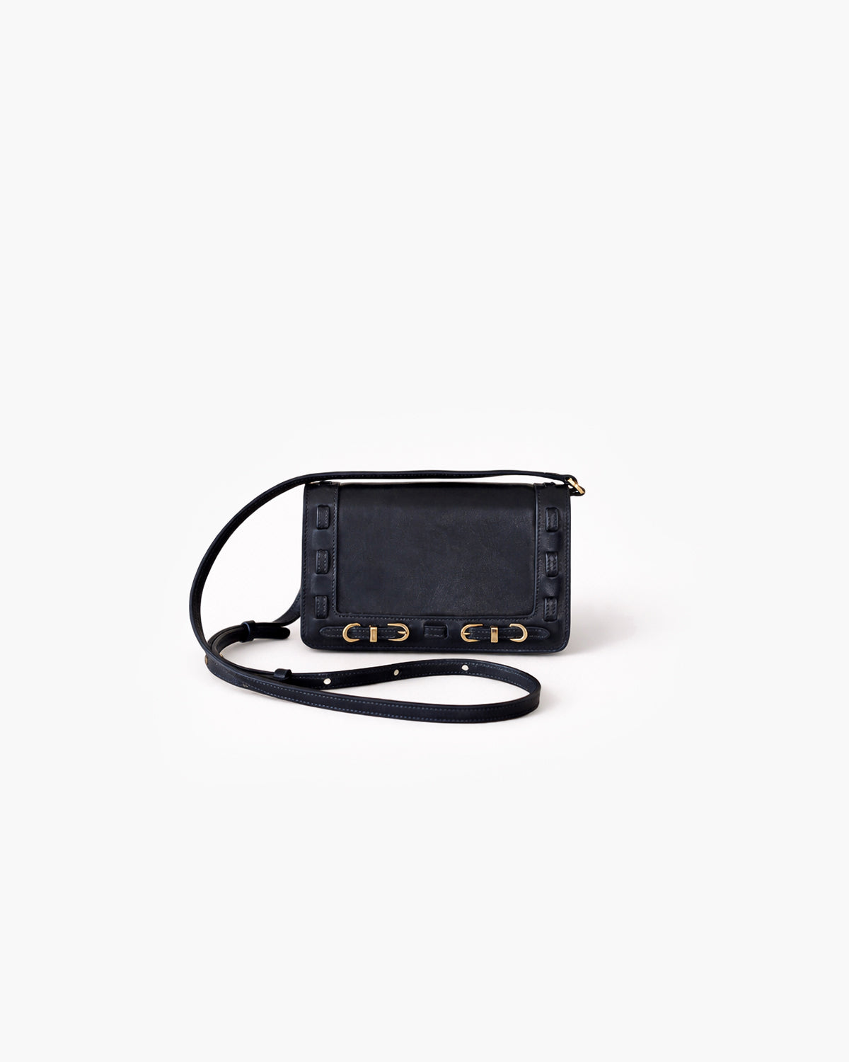Black handbag with gold accents on a white background