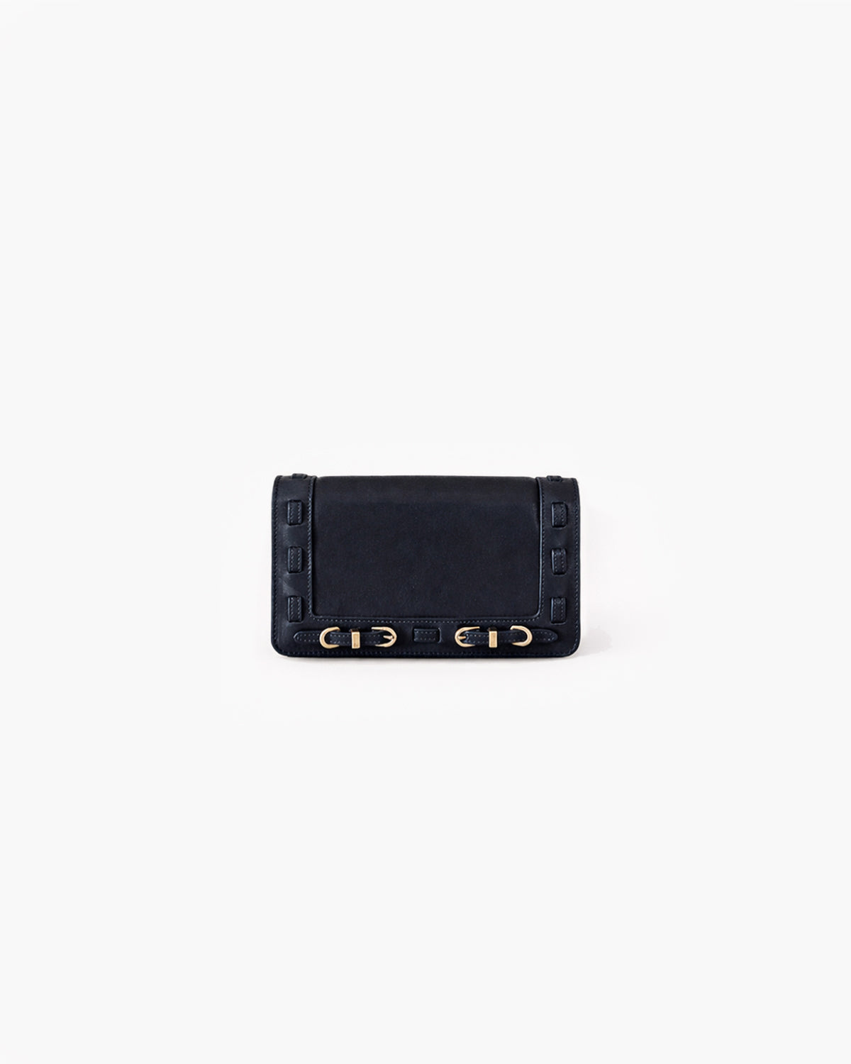 Black wallet with gold accents on a white background
