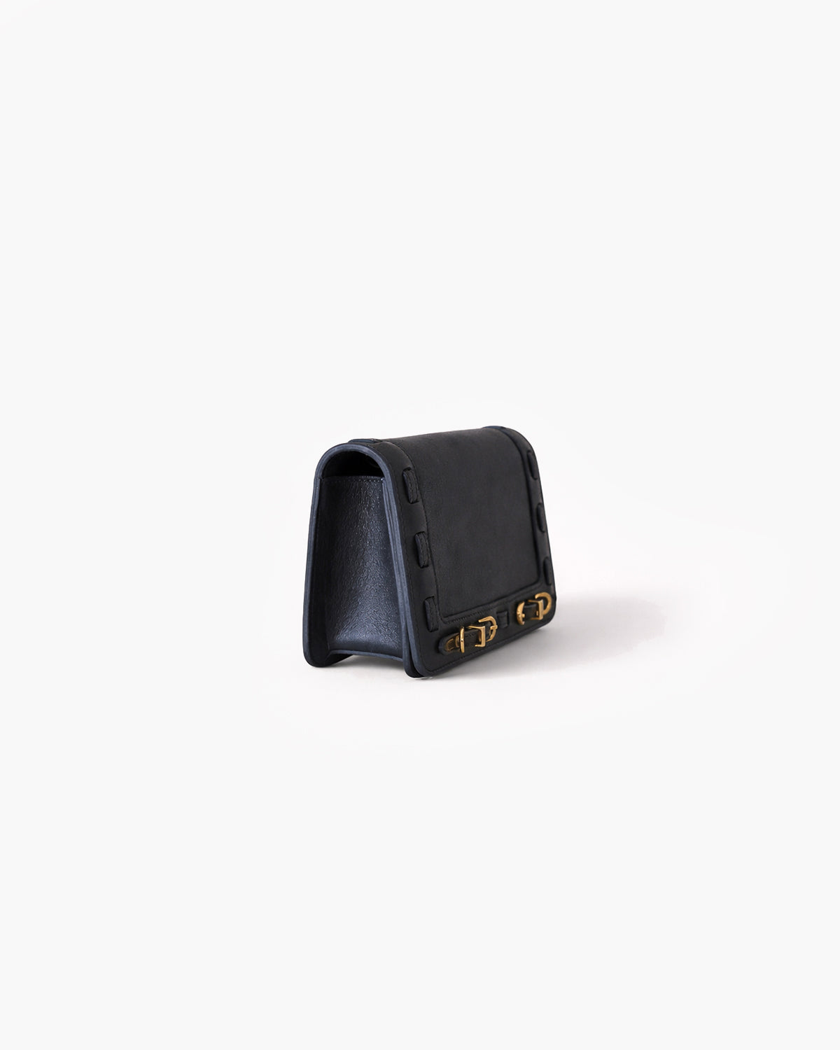 Black leather wallet with gold accents on a white background