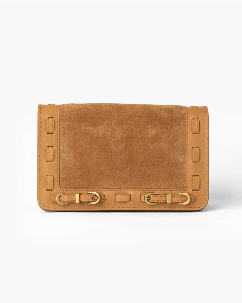 Cognac colored handbag with brass hardware on a white background