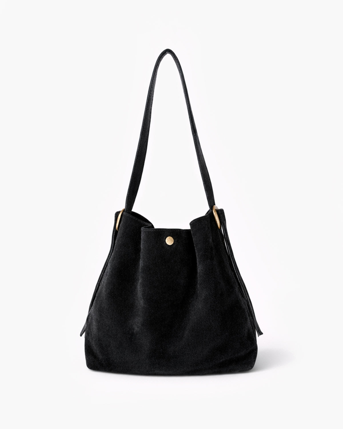 Black handbag with a gold clasp on a white background