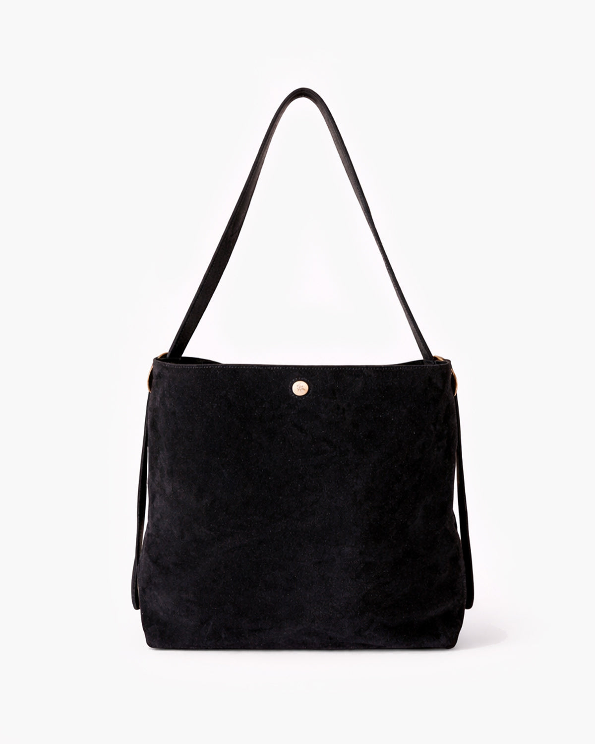 Black suede handbag with a strap on a white background