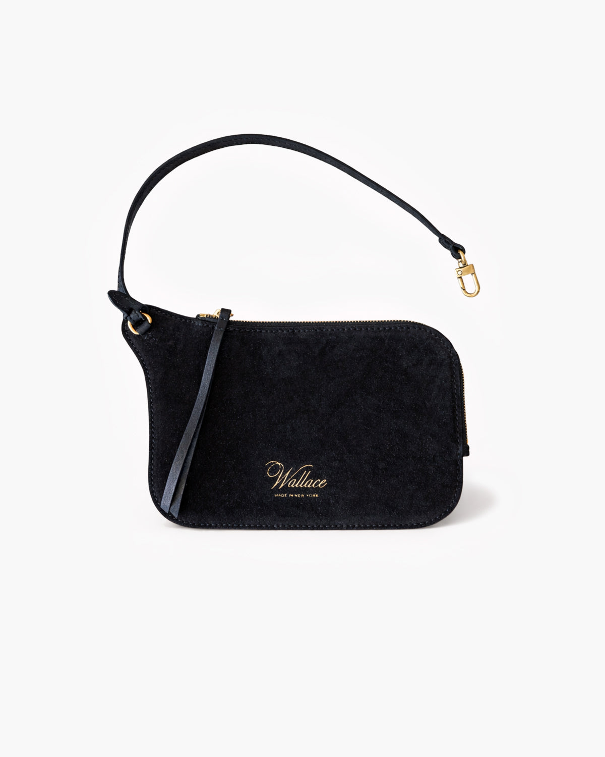 Black handbag with a visible brand logo on a white background