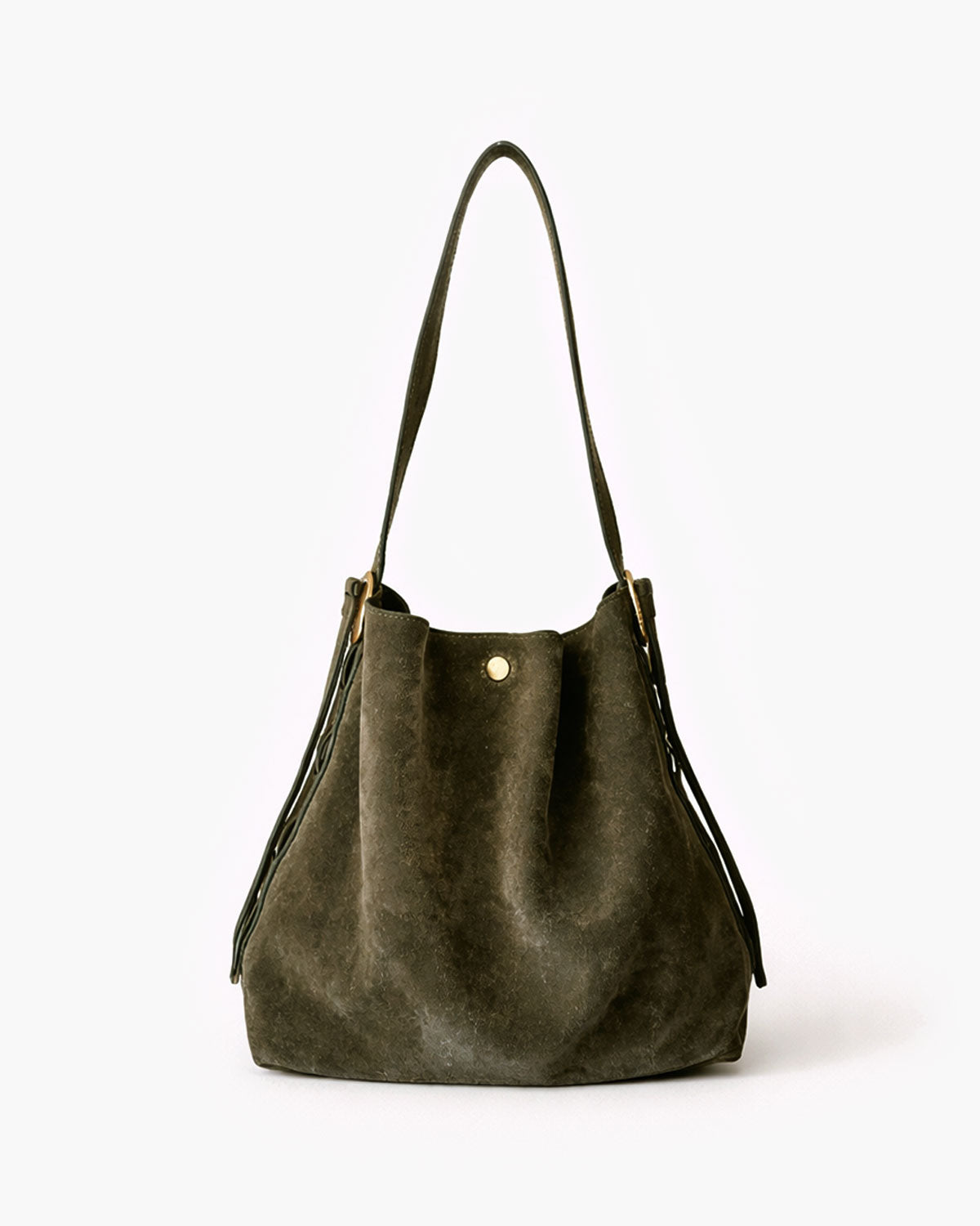 Green leather handbag on a white background