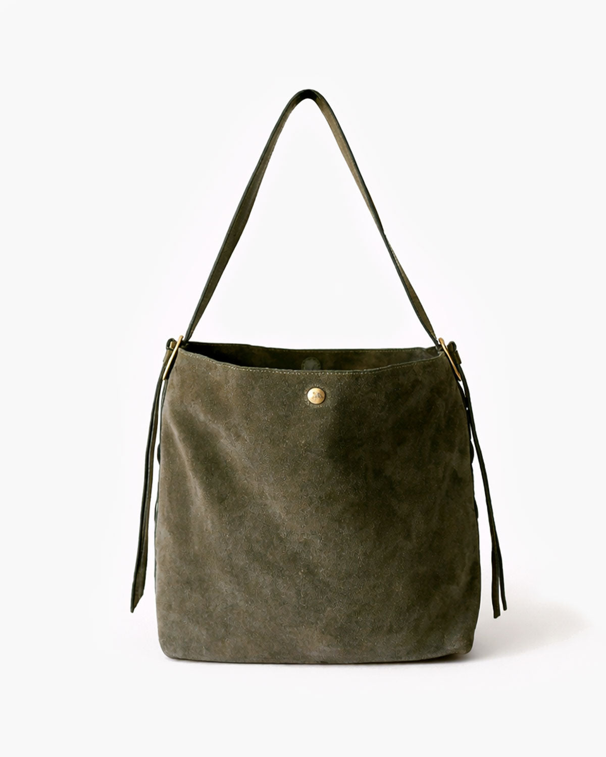 Green suede handbag with a strap on a white background