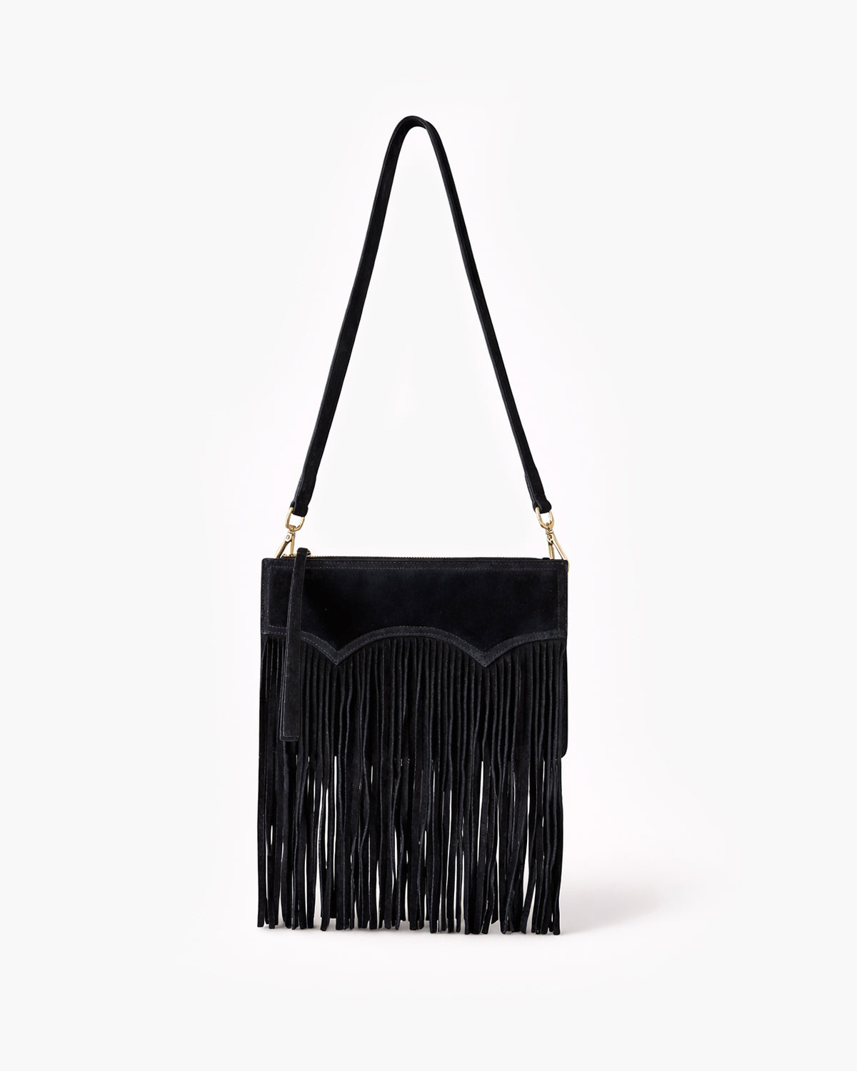 Black fringe handbag on a white background