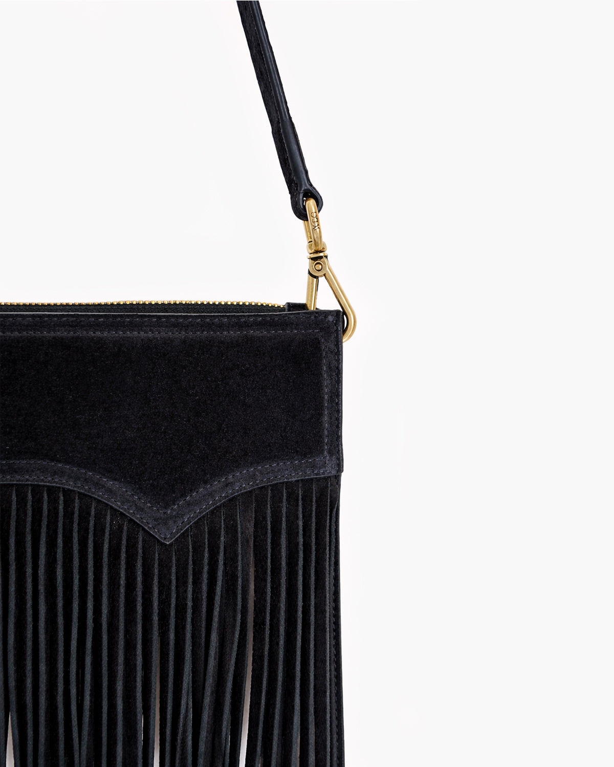 Black suede handbag with fringe detail and gold zipper on a white background
