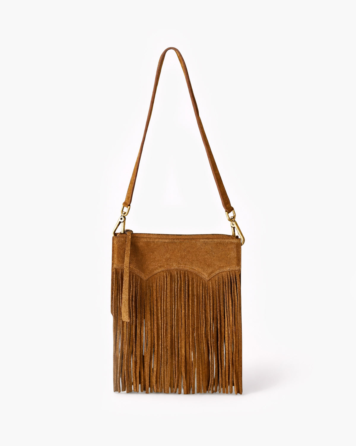 Brown suede handbag with fringe details on a white background