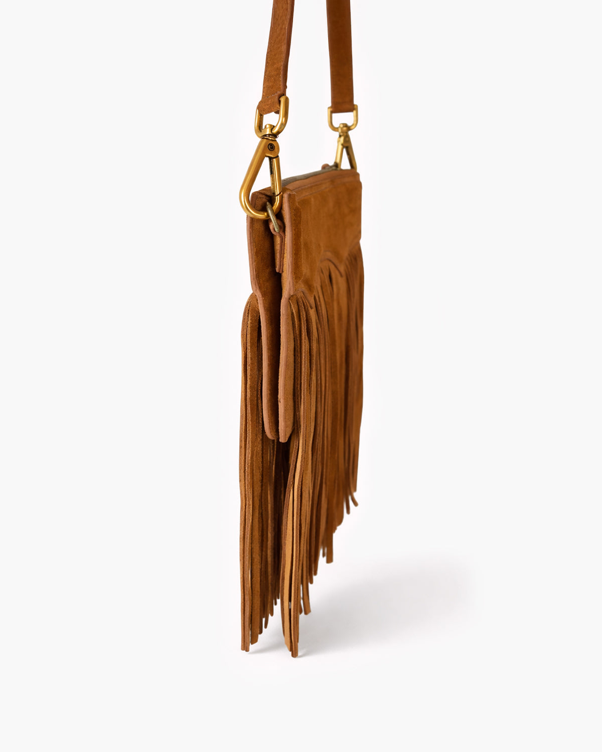 Brown suede handbag with fringes on a white background