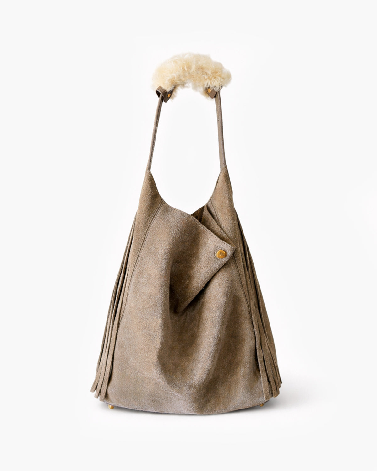 Beige handbag with fur handle on a white background