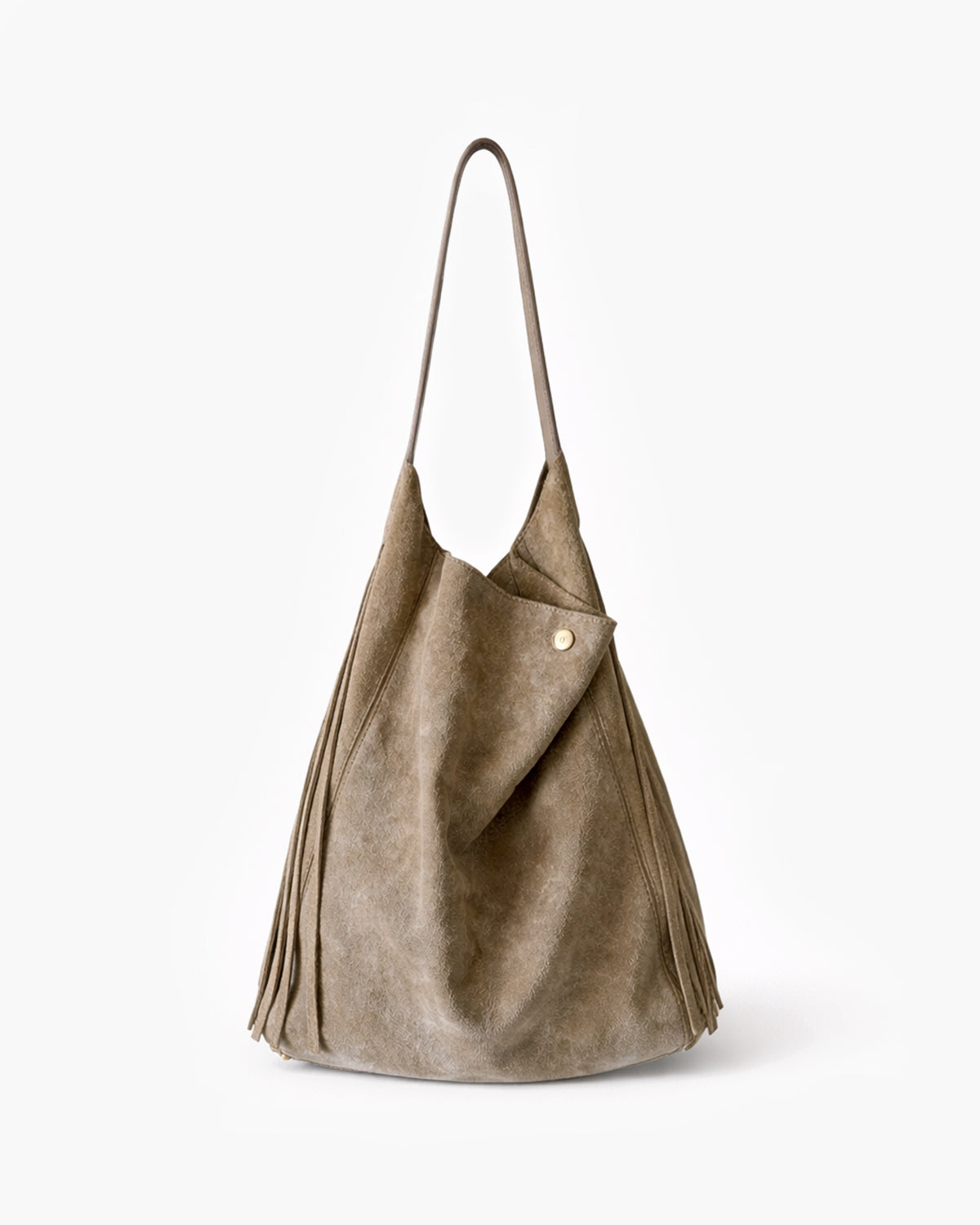 Beige handbag with a button detail on a white background