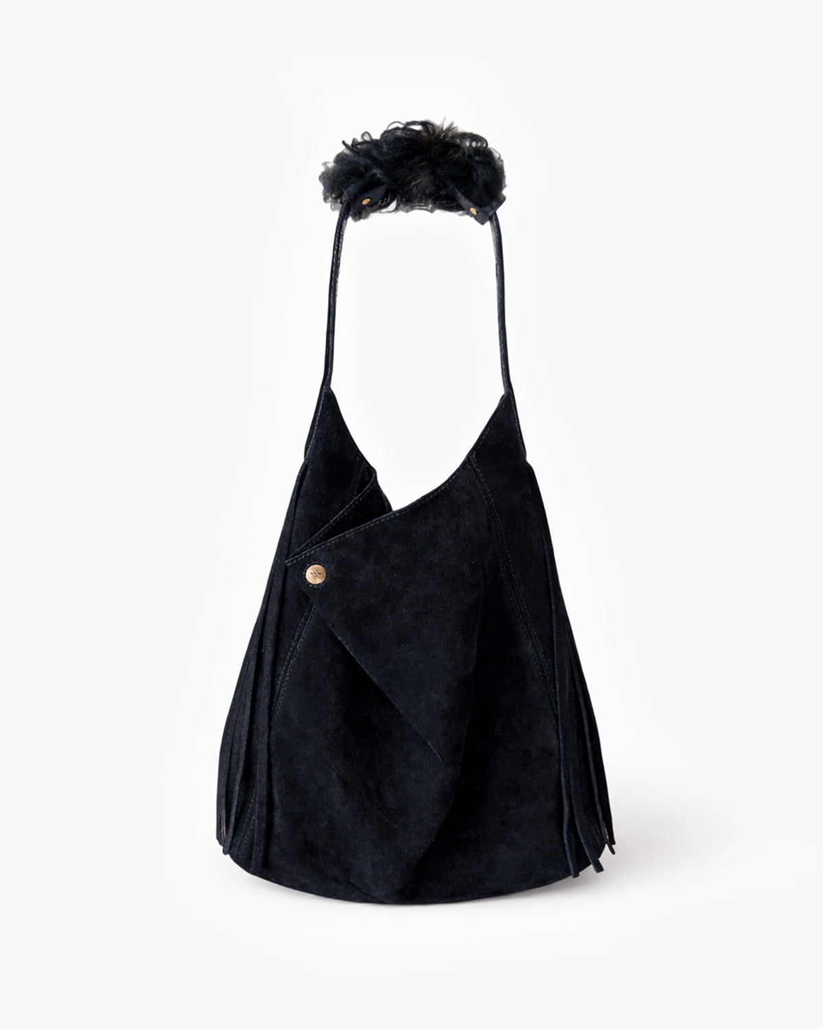 Black handbag with decorative elements on a white background