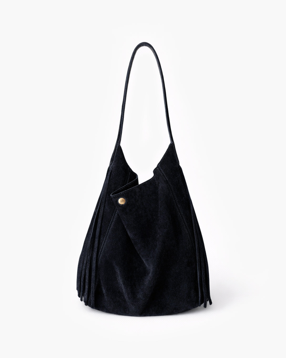Black handbag with a strap on a white background
