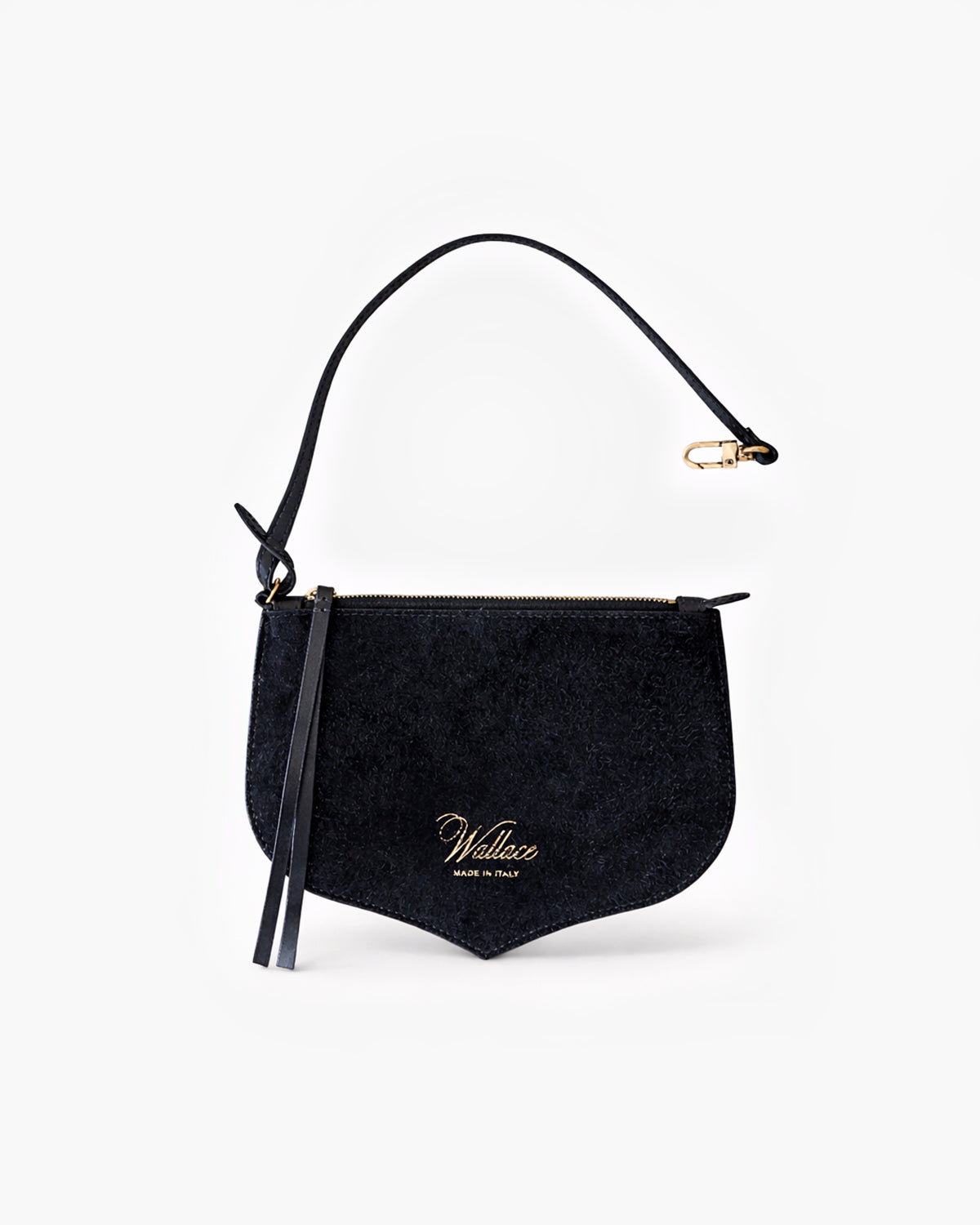 Black handbag with a strap on a white background