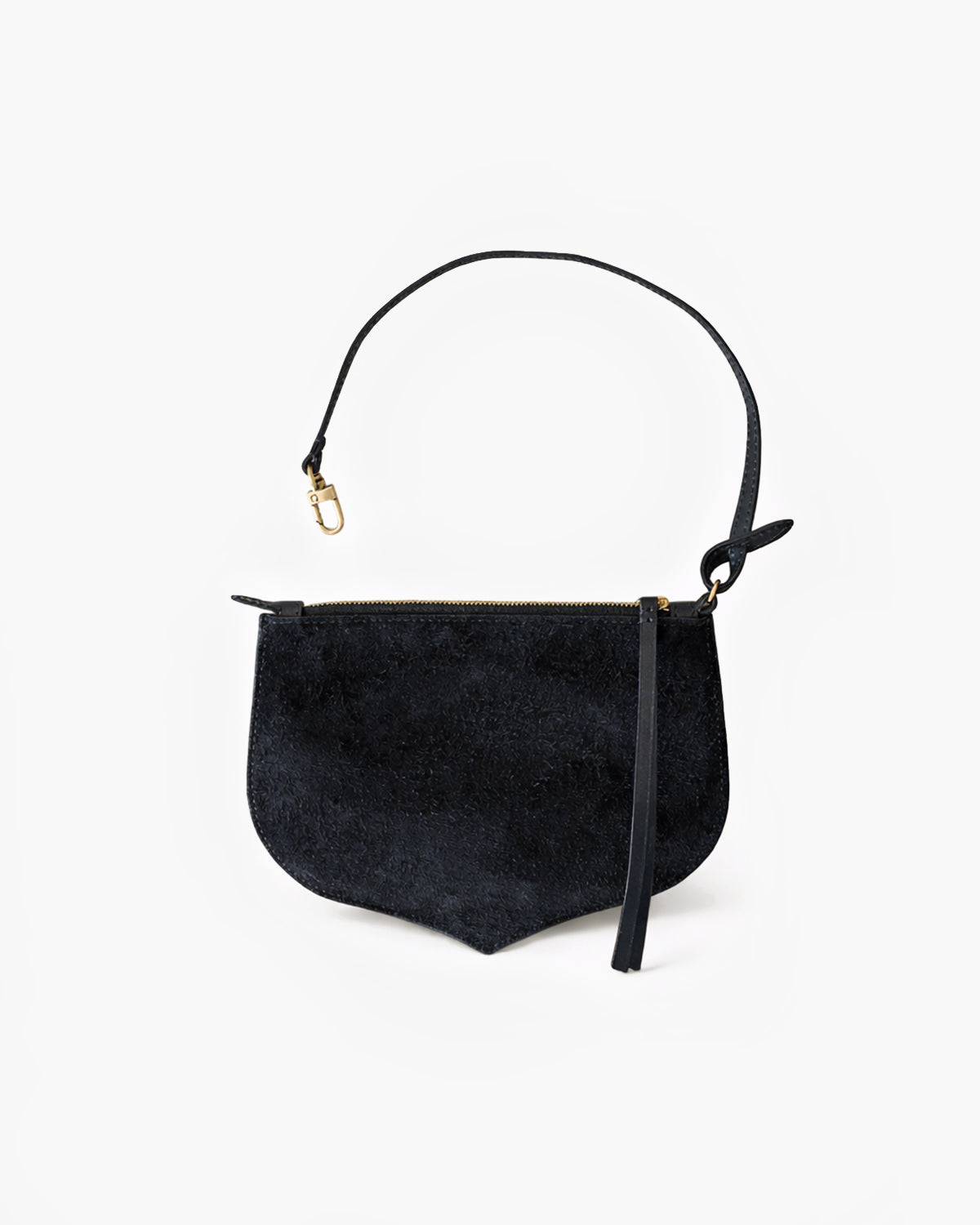Black handbag with a strap on a white background