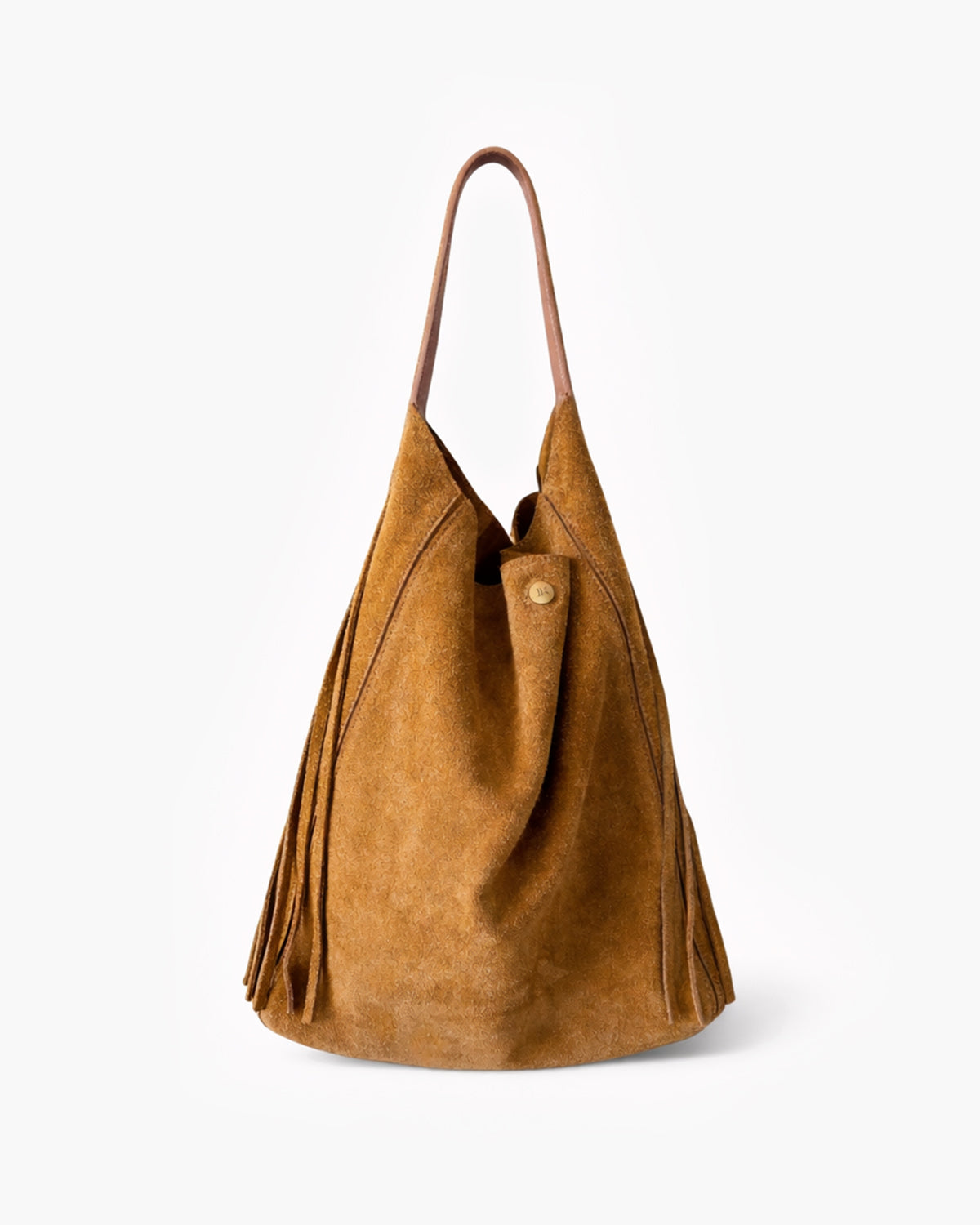 Brown suede handbag on a white background
