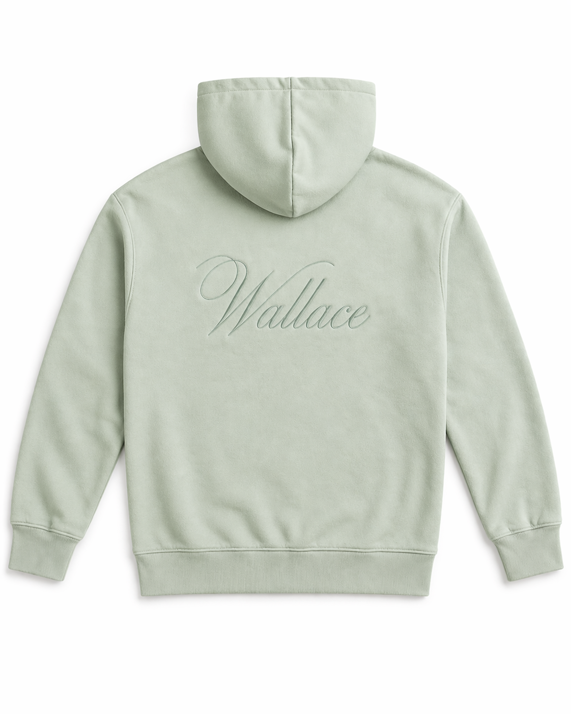 Sage green hoodie with 'Wallace' branding on the back against a white background