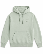 Sage green hoodie with script "W" logo on a white background