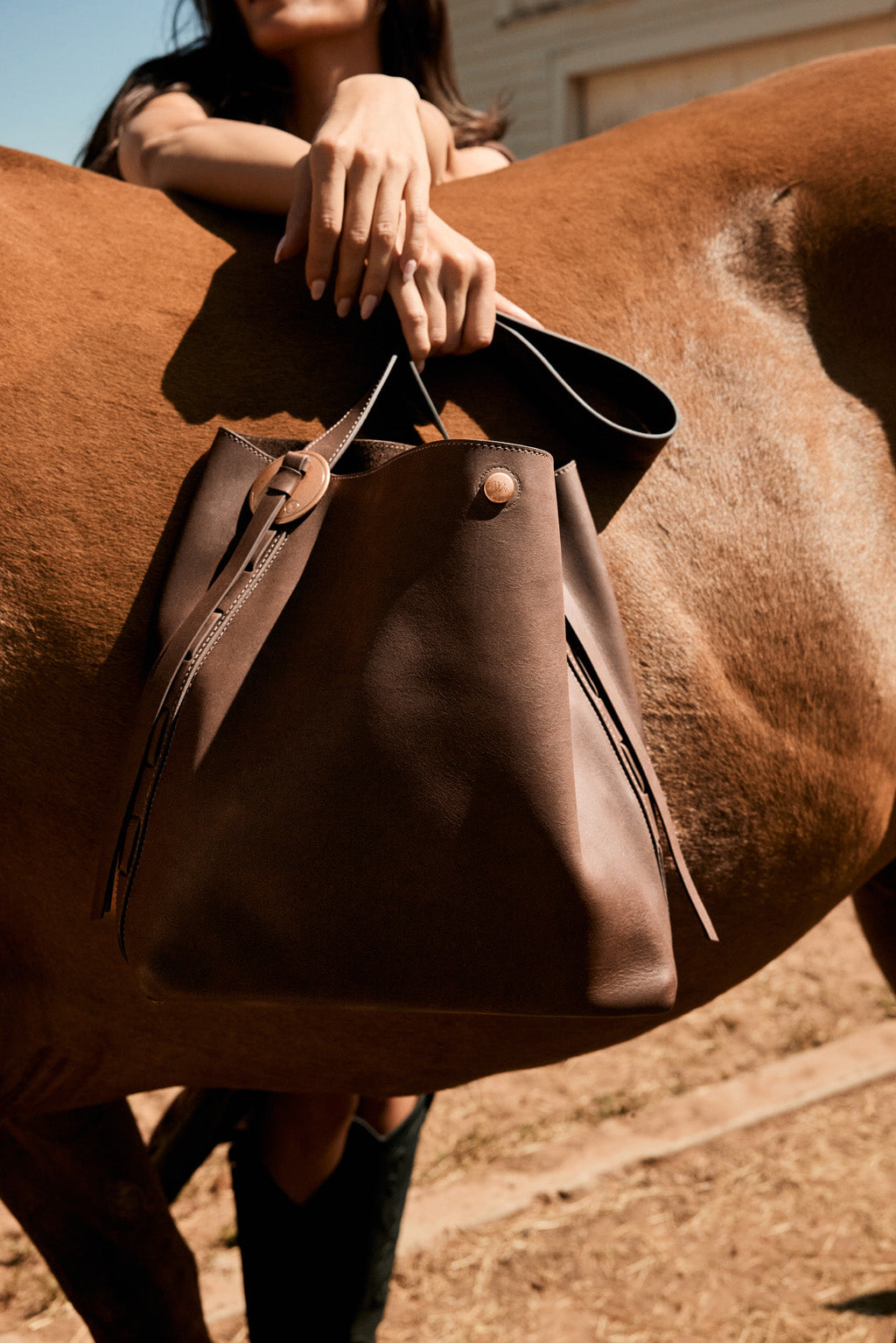 Person holding a brown leather bag next to a horse