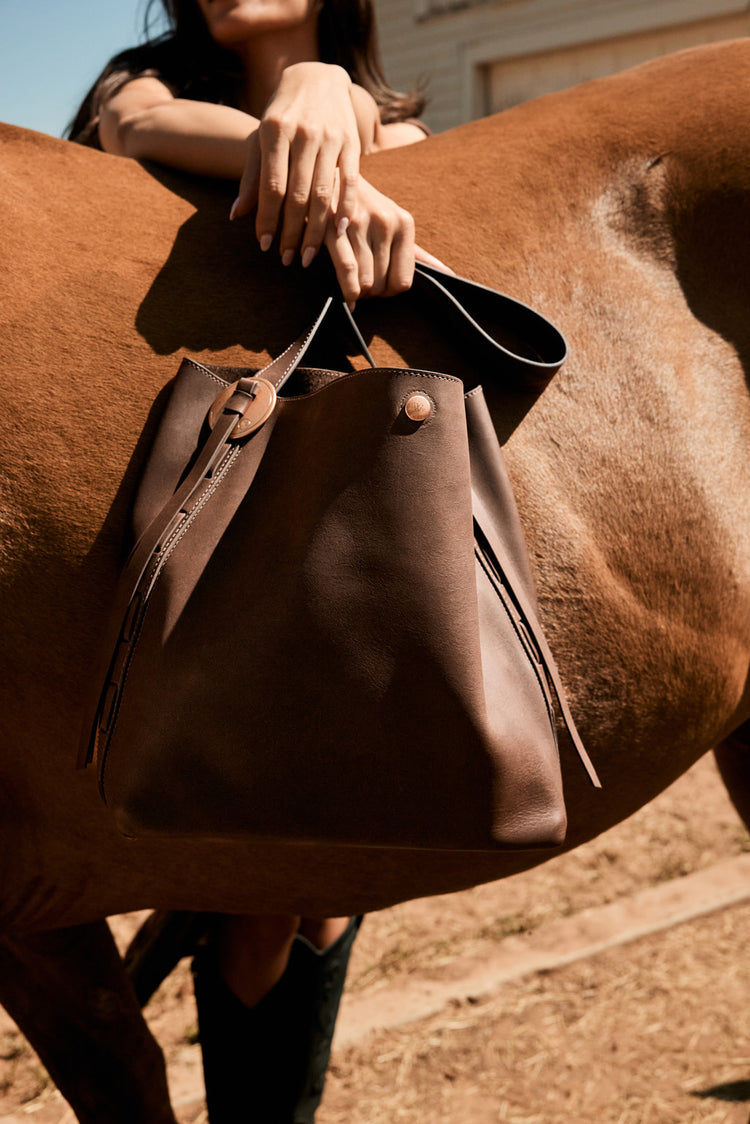 Person holding a brown leather bag next to a horse